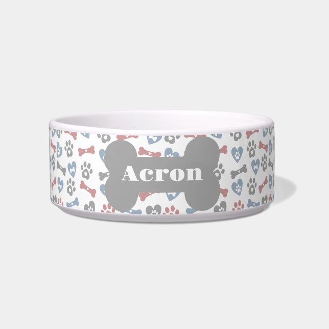 Hond Botten poten en harten blauw roze grijs patro Voerbakje (Voorkant)