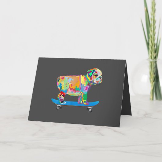 Hond Cadeau | Kleurrijke Coole Bulldog Puppy Skate Feestdagen Kaart (Voorkant)