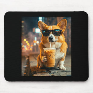 Hond corgi die ijskoude koffie drinkt grappige die muismat