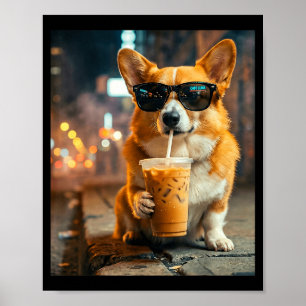 Hond corgi drinkend ijskoude koffie grappige diere poster