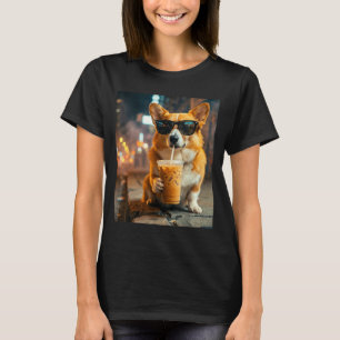 Hond corgi drinkend ijskoude koffie grappige diere t-shirt