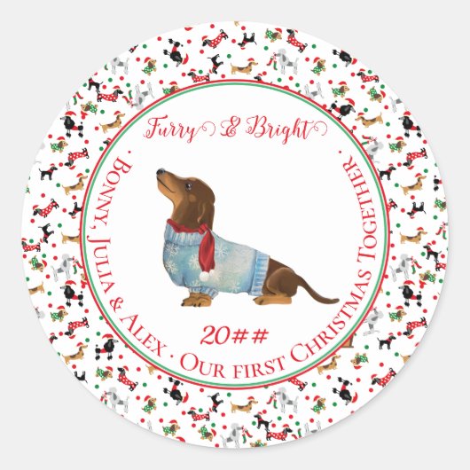 Hond Dachshund Door Sneeuw Kerstmis Furry Bright Ronde Sticker (Voorkant)