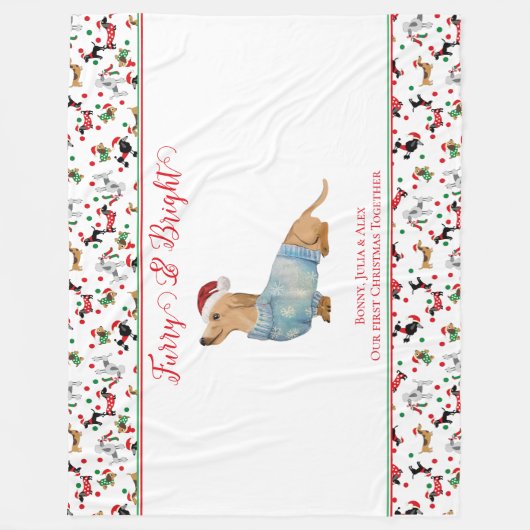 Hond Dachshund Santa Hoed Kerstmis Furry Bright Fleece Deken (Voorkant)