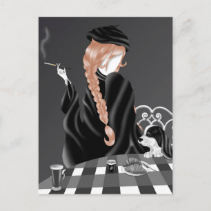 Hond & Dame bij café Brunette Hair Ansichtkaart Briefkaart