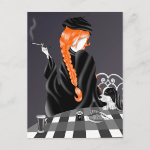 Hond & Dame bij café Ginger Hair Ansichtkaart Briefkaart