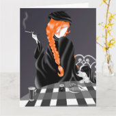 Hond & Dame bij café Ginger Hair Wenskaart Kaart (Gele Bloem)