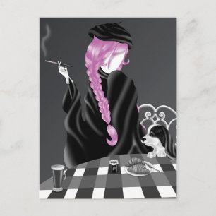 Hond & Dame bij café Pink Hair Postcard Briefkaart