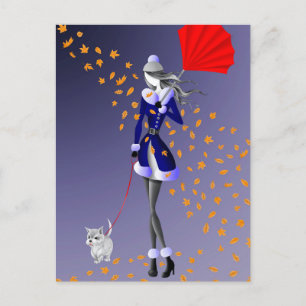 Hond & Dame Herfstbladeren Blauw  Ansichtkaart Briefkaart