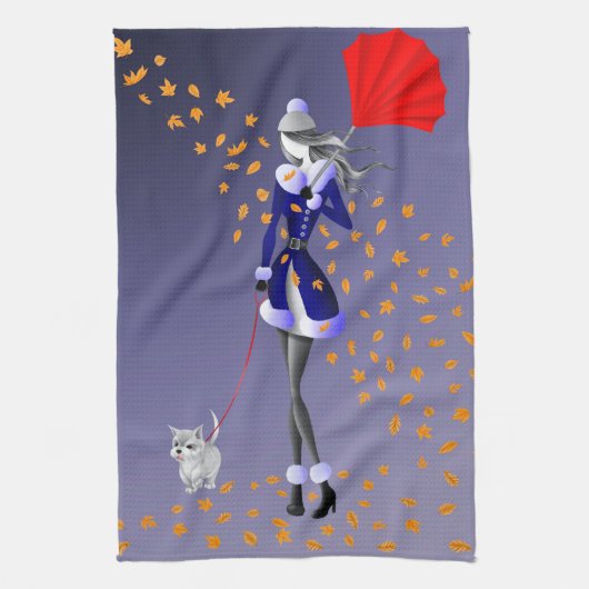 Hond & Dame Herfstbladeren Blauwe Theedoek (Verticaal)