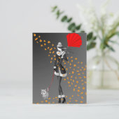 Hond & Dame Herfstbladeren Grijs Monochroom Ansich Briefkaart (Staand voorkant)
