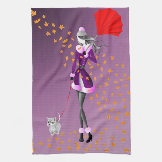 Hond & Dame Herfstbladeren Paarse Theedoek (Verticaal)