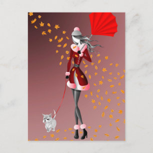 Hond & Dame Herfstbladeren Rood  Ansichtkaart Briefkaart