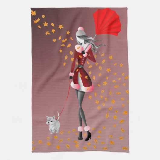 Hond & Dame Herfstbladeren Rood Theedoek (Verticaal)
