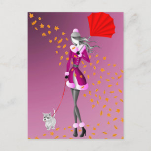 Hond & Dame Herfstbladeren Roze Ansichtkaart Briefkaart