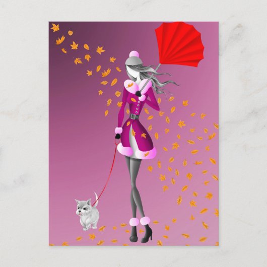 Hond & Dame Herfstbladeren Roze Ansichtkaart Briefkaart (Voorkant)