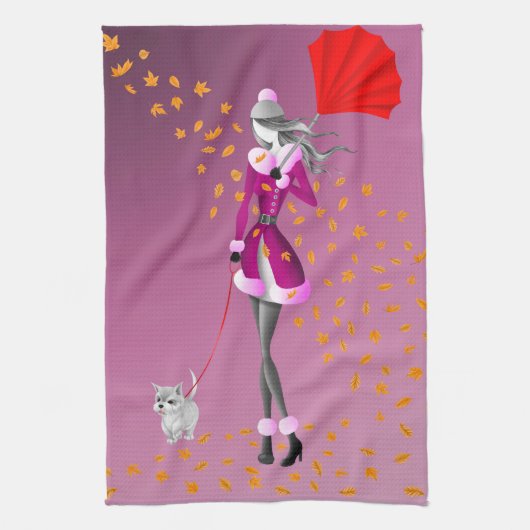 Hond & Dame Herfstbladeren Roze Theedoek (Verticaal)