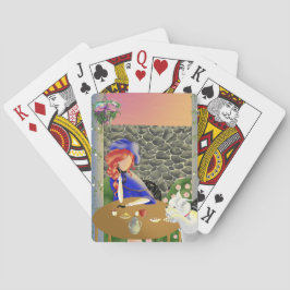 Hond & Dame in Café bij Zonsondergang Kaartspelend Pokerkaarten