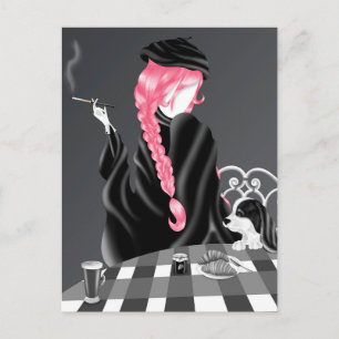 Hond & Dame in café Pink Hair Postcard Briefkaart