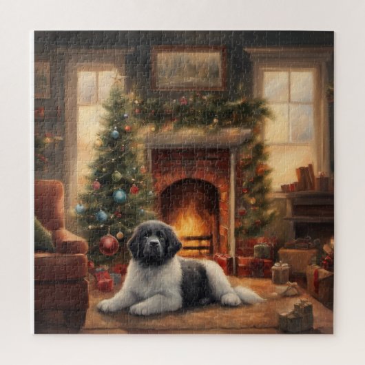 Hond die voor een kerstboom zit legpuzzel (Verticaal)