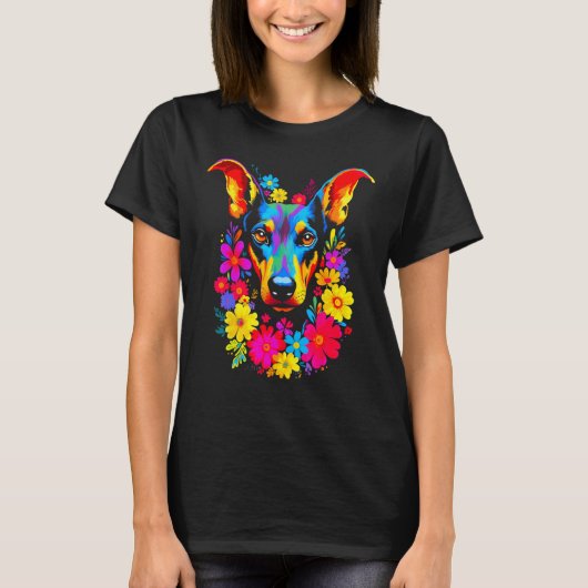 Hond Dobermann Pincher Bloemen T-shirt (Voorkant)