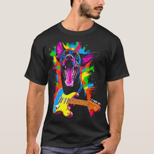 Hond Dobermann Pincher Gitarist T-shirt (Voorkant)