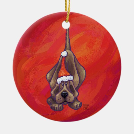 Hond Dog Kerstmis op rood Keramisch Ornament (Voorkant)