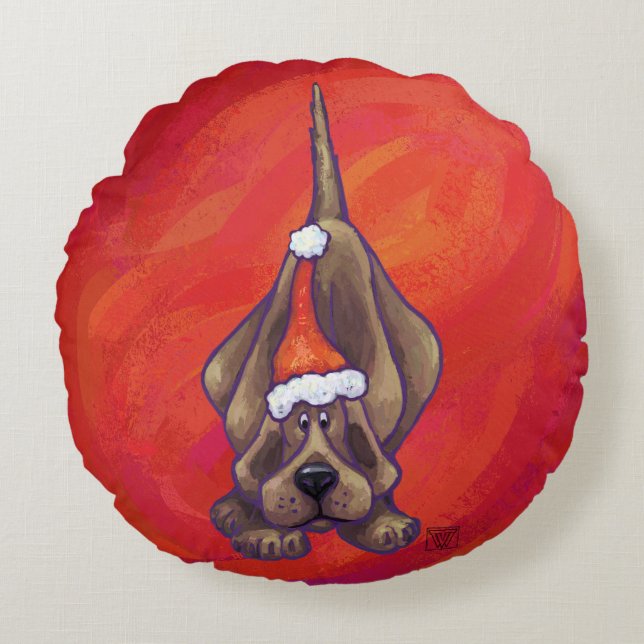 Hond Dog Kerstmis op rood Rond Kussen (Voorkant)