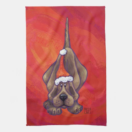 Hond Dog Kerstmis op rood Theedoek (Verticaal)