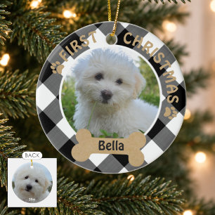 Hond EERSTE KERST 2-zijdige 2-foto Buffalo Check Keramisch Ornament