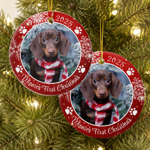 Hond Eerste Kerst Sneeuwvlok Foto Rood Wit Keramisch Ornament
