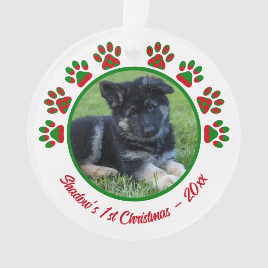 Hond Eerste Kerstfoto Paw Print Rood Ornament (voorkant)