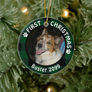 Hond Eerste Kerstmis 2-foto groen & zwart geplakt Keramisch Ornament