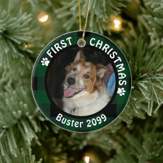 Hond Eerste Kerstmis 2-foto groen & zwart geplakt Keramisch Ornament (Boom)