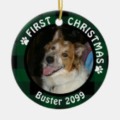 Hond Eerste Kerstmis 2-foto groen & zwart geplakt Keramisch Ornament (Voorkant)