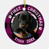 Hond Eerste Kerstmis 2-foto roze en zwarte spelden Keramisch Ornament (Voorkant)