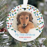 Hond Eerste Kerstmis Lichten Puppy Foto Ornament<br><div class="desc">Aangepaste huisdier foto kerstornament voor de eerste kerst van uw puppy hond, met kleurrijke kerstverlichting en bewerkbare bewoordingen. De fotosjabloon is ingesteld voor u om een van uw favoriete afbeeldingen-afbeeldingen toe te voegen, die wordt omlijst met snaarlampen in rood blauw groen en geel. De tekst luidt momenteel My First Christmas...</div>