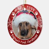 Hond Eerste Kerstmis Sneeuwvlokken 2 Foto Rood Keramisch Ornament (Links)