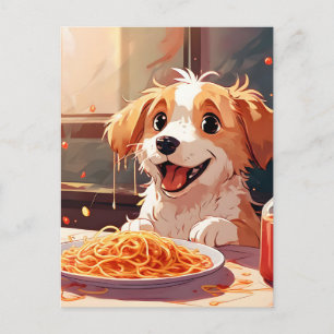 Hond eet spaghetti briefkaart