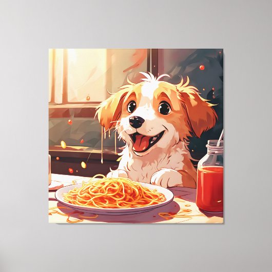 Hond eet spaghetti canvas afdruk (Voorkant)