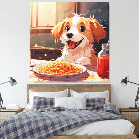 Hond eet spaghetti canvas afdruk (Insitu (Slaapkamer))
