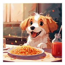 Hond eet spaghetti