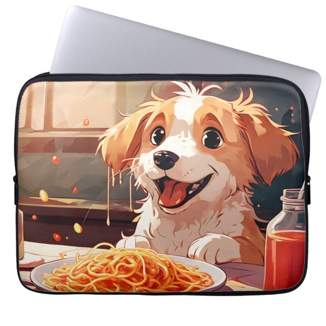 Hond eet spaghetti laptop sleeve (Voorkant)