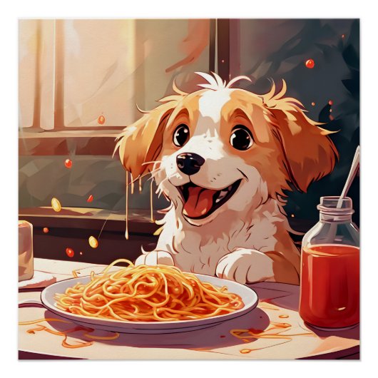Hond eet spaghetti perfect poster (Voorkant)