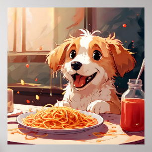 Hond eet spaghetti poster