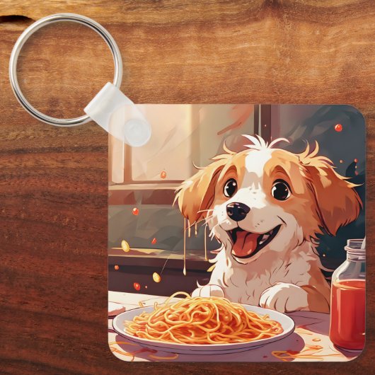Hond eet spaghetti sleutelhanger (Voorkant)