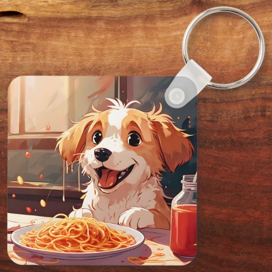 Hond eet spaghetti sleutelhanger (Achterkant)