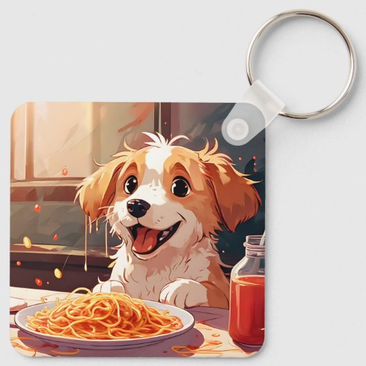 Hond eet spaghetti sleutelhanger (Achterkant)