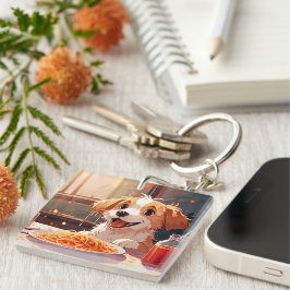 Hond eet spaghetti sleutelhanger