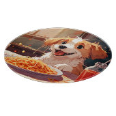 Hond eet spaghetti snijplank (Hoek)