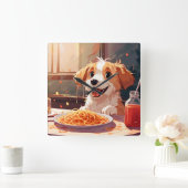 Hond eet spaghetti vierkante klok (Huis)